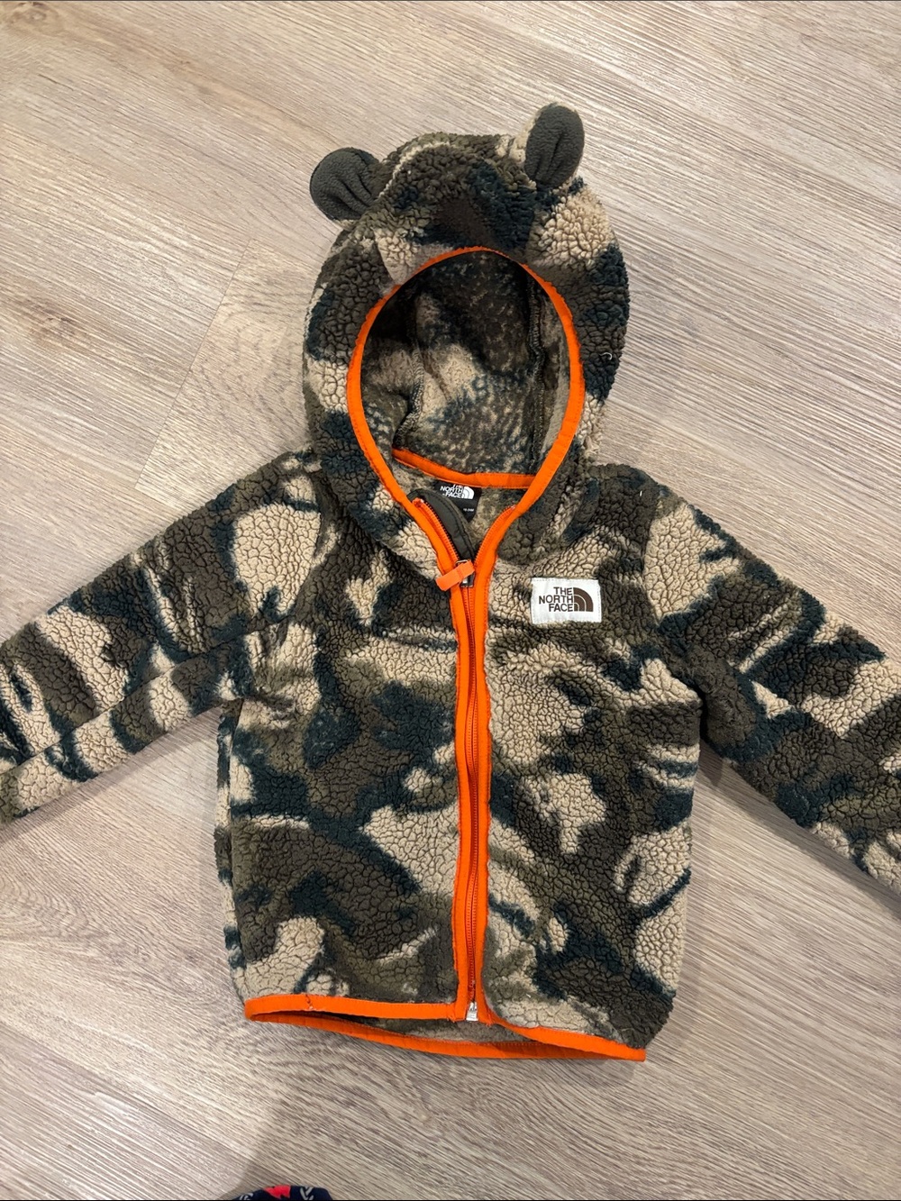 The North Face Kids' Camouflage Sherpa Hoodie in Olive, Tan & Orange Trim